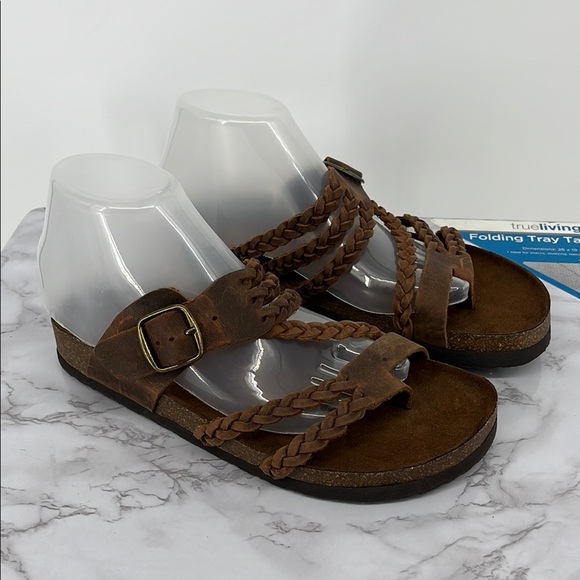 WHITE MOUNTAIN Hayleigh Braided Leather Footbed Sandals Brown Sz 8M Boho Casual - Picture 1 of 4